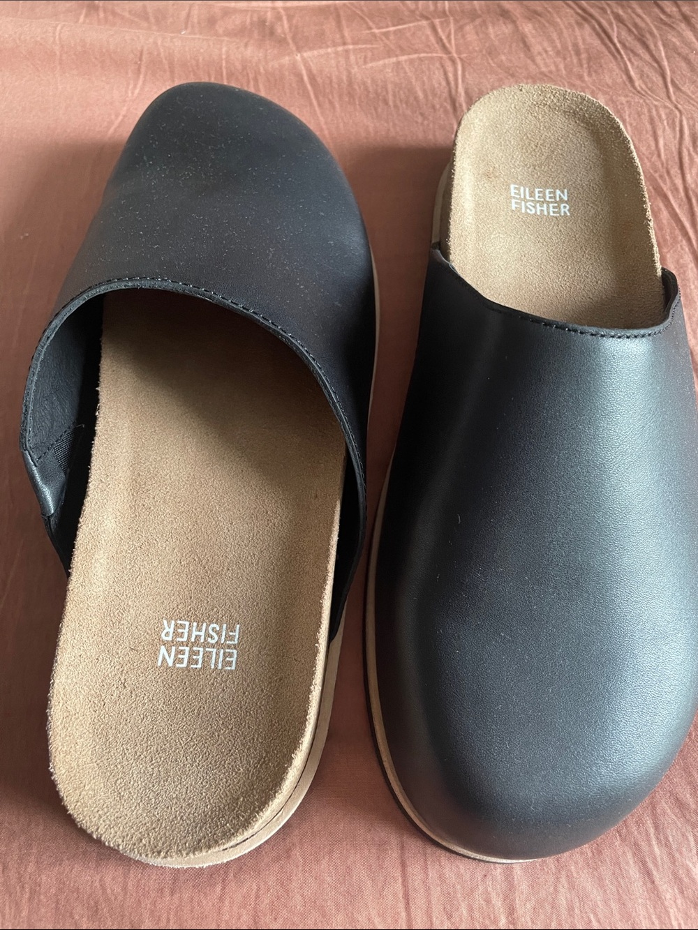 EILEEN FISHER Black Leather Bios Mule with Tan Insole